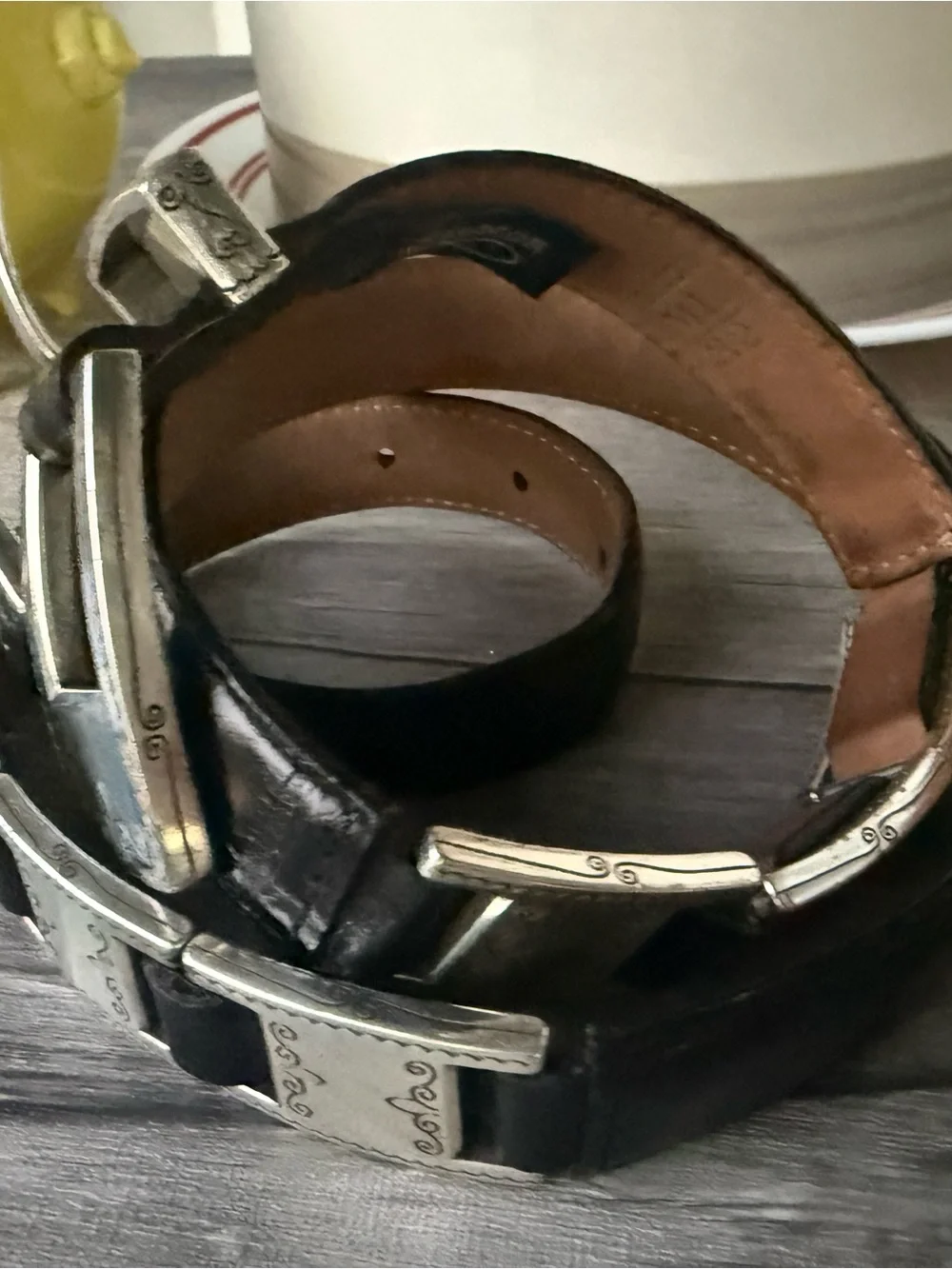 Brighton Black Leather Belt with Engraved Silver Plates